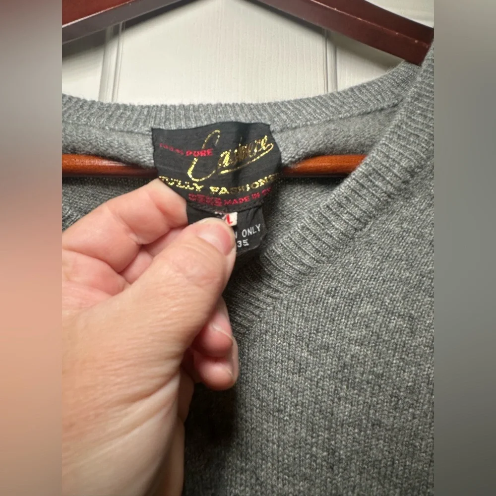 Mens Vintage Fully Fashioned Cashmere V Neck Sweater L Charcoal‎ Gray Super Soft